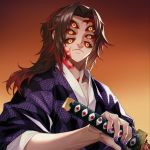  1boy bangs brown_hair closed_mouth collarbone commentary_request extra_eyes facial_mark gradient gradient_background highres himmel_(allsky83) holding holding_sword holding_weapon japanese_clothes katana kimetsu_no_yaiba kimono kokushibou long_hair looking_at_viewer male_focus orange_background parted_bangs ponytail red_sclera solo sword upper_body weapon 