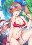  1girl ahoge bare_arms bare_shoulders bikini black_choker blue_eyes bow brown_hair candy choker eyewear_on_head fal_(girls_frontline) flower_bracelet food girls_frontline hair_bow halterneck iridescent lollipop long_hair looking_at_viewer mouth_hold navel open_mouth outdoors palm_leaf red_bikini side-tie_bikini side_ponytail sitting smile solo stomach string_bikini sunglasses swimsuit thighs umou_(may65879) very_long_hair 