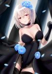  1girl absurdres azur_lane bare_shoulders black_choker black_dress black_gloves black_legwear blue_flower blue_rose blush breasts choker cleavage collarbone commentary_request dress dress_flower flower gloves hair_between_eyes hair_flower hair_ornament head_tilt highres long_hair looking_at_viewer petals red_eyes rose short_hair silver_hair sirius_(azur_lane) sleeveless sleeveless_dress smile solo strapless strapless_dress thighhighs ushi_uta wedding_dress 