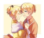  aryuma772 blonde_hair blue_eyes blush bow brother_and_sister choker dress evillious_nendaiki face-to-face forehead-to-forehead frilled_dress frills hair_bow hair_ornament hair_ribbon hairclip half-closed_eyes happy highres interlocked_fingers jacket kagamine_len kagamine_rin orange_jacket ribbon riliane_lucifen_d&#039;autriche short_ponytail siblings smile twins vocaloid yellow_dress 