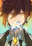  1boy bangs black_hair close-up collar covered_mouth flower formal genshin_impact hair_between_eyes highres jacket jewelry jin_(phoenixpear) long_hair looking_at_viewer male_focus multicolored_hair petals simple_background single_earring solo suit yellow_eyes zhongli_(genshin_impact) 