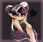  +_+ 1girl absurdres aori_(splatoon) bangs black_background black_dress black_hair breasts cleavage closed_mouth commentary domino_mask dress earrings english_commentary food food_on_head halloween halterneck hand_on_own_face heart highres jewelry long_hair looking_at_viewer mask mole mole_under_eye nin10ja object_on_head pink_hair pointy_ears sleeveless sleeveless_dress small_breasts smirk solo sparkle splatoon_(series) stud_earrings swept_bangs tentacle_hair tied_hair twitter_username very_long_hair yellow_eyes 