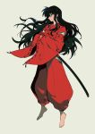  1boy baggy_pants barefoot black_hair floating_hair full_body inuyasha inuyasha_(character) japanese_clothes long_hair long_sleeves pants profile red_pants red_shirt ribbon_trim shirt simple_background solo sword tan_background ttk211 weapon wide_sleeves 