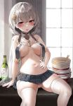  1girl alcohol areola_slip areolae arm_support azur_lane belly black_skirt blush bottle bowl_stack braid breast_curtains breasts cameltoe feet_out_of_frame flower french_braid garter_straps gloves hair_between_eyes hair_flower hair_intakes hair_ornament half-closed_eyes hand_on_own_stomach highres indoors jewelry looking_at_viewer medium_breasts miniskirt navel open_mouth panties pendant pleated_skirt red_eyes see-through_sleeves short_hair silver_hair sirius_(azur_lane) sirius_(azure_horizons)_(azur_lane) sitting skindentation skirt solo suou-sensei thighhighs underwear upper_teeth wedgie white_gloves white_legwear white_panties window 