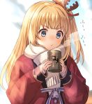  1girl blonde_hair blowing blue_eyes coat cup granblue_fantasy kingyo_114 long_hair mirin_(granblue_fantasy) scarf sleeves_past_wrists winter_clothes winter_coat yunomi 