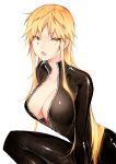 1girl alpha_signature bangs black_bodysuit blonde_hair bodysuit breasts cleavage collarbone commentary_request eyebrows_visible_through_hair eyes_visible_through_hair fang genderswap genderswap_(mtf) izumi_kouhei latex latex_bodysuit long_hair looking_at_viewer open_clothes open_mouth pepper_fever sidelocks simple_background sitting solo very_long_hair white_background world_trigger yellow_eyes 