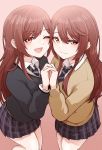  2girls :3 absurdres beige_sweater blue_neckwear brown_eyes brown_hair collared_shirt eyebrows_visible_through_hair from_above gradient gradient_background grey_jacket hair_between_eyes hands_clasped highres holding_hands idolmaster idolmaster_shiny_colors jacket long_hair looking_at_viewer multiple_girls one_eye_closed oosaki_amana oosaki_tenka open_mouth own_hands_together plaid plaid_skirt pleated_skirt school_uniform shirt siblings sidelocks skirt standing straight_hair striped striped_neckwear tokufumi twins white_shirt 