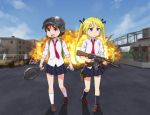  2girls :d backpack bag bangs black_legwear black_ribbon black_skirt blonde_hair blue_sky blush brown_eyes brown_footwear brown_hair building can car closed_mouth cloud collared_shirt commentary_request energy_drink explosion frown frying_pan ground_vehicle gun hair_ribbon holding holding_can holding_frying_pan holding_gun holding_weapon holster kill_me_baby long_hair looking_to_the_side loose_necktie mohya motor_vehicle multiple_girls necktie open_mouth oribe_yasuna outdoors playerunknown&#039;s_battlegrounds pleated_skirt purple_eyes red_bull red_neckwear ribbon rifle school_uniform shadow shiny shiny_hair shirt shoes short_hair skirt sky sleeves_rolled_up smile socks sonya_(kill_me_baby) star_(symbol) thigh_holster twintails walking weapon weapon_request white_legwear white_shirt 