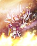  clenched_hands embers explosion glowing glowing_eye great_zeorymer hades_project_zeorymer highres looking_down mecha no_humans one-eyed platin_(alios) smoke solo super_robot super_robot_wars super_robot_wars_judgement yellow_eyes 