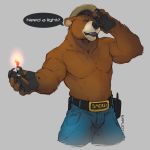  anthro belt black_lips black_nose bottomwear brown_body brown_fur claws clothed clothing denim denim_clothing dialogue explicital fire fur hand_on_head hat headgear headwear jeans lips looking_at_viewer male mammal match muscular muscular_anthro muscular_male open_mouth orange_eyes pants radio smokey_bear solo standing text_on_belt topless ursid 