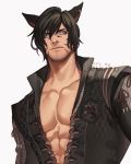  1boy abs animal_ears artist_name beard black_hair cat_ears character_request closed_mouth collarbone commentary commission dark_skin dark_skinned_male earrings english_commentary facial_hair facial_mark final_fantasy final_fantasy_xiv grey_background hair_between_eyes highres jewelry jouvru looking_at_viewer male_focus muscle open_clothes pectorals simple_background slit_pupils solo stubble symbol_commentary toned upper_body white_eyes 