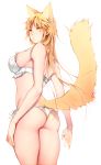  1girl alpha_signature animal_ears ass bangs bare_shoulders blonde_hair bra breasts cat_ears cat_girl cat_tail closed_mouth commentary_request eyebrows_visible_through_hair from_behind genderswap genderswap_(mtf) izumi_kouhei large_breasts long_hair looking_at_viewer looking_back panties pepper_fever simple_background solo standing tail underwear white_background white_bra white_panties world_trigger yellow_eyes 