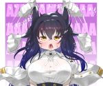  1girl absurdres animal_ears azuma_(azur_lane) azur_lane blue_hair bra bra_through_clothes breasts disembodied_limb eyebrows_visible_through_hair gloves hair_between_eyes highres jacket jacket_on_shoulders large_breasts long_hair open_clothes open_jacket open_mouth purple_background shirt solo sweat translation_request underwear upper_body uzda_ricecake white_bra white_gloves white_jacket white_shirt yellow_eyes 