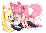  :q alice_(flanaki) animal_ears blonde_hair blue_eyes boots braid detached_sleeves edwardjsus fingerless_gloves food fox_ears fox_girl fox_tail fruit gloves kireina_(osiimi) long_hair off-shoulder_shirt off_shoulder original pink_hair shirt skirt strawberry tail thigh_boots thighhighs tongue tongue_out twintails very_long_hair 