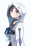  0-toki 1girl :d absurdres aqua_choker aqua_eyes asakura_tooru bangs black_hair blue_background blue_neckwear blush bone_print choker ear_piercing highres hood hooded_jacket idolmaster idolmaster_shiny_colors jacket long_sleeves looking_at_viewer multicolored_shirt neckerchief o-ring o-ring_choker open_clothes open_jacket open_mouth parted_bangs piercing sailor_collar short_hair simple_background smile solo upper_body white_jacket 