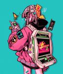  1girl absurdres aqua_background arcade_cabinet backpack bag bandaid cowboy_shot crisalys from_behind grey_hair hair_ornament highres holding holding_phone jacket long_hair long_sleeves original phone pink_jacket puffy_long_sleeves puffy_sleeves sega shadow simple_background sleeves_past_wrists smiley_face solo union_jack 