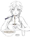 1girl alpha_signature bangs bare_shoulders bowl chopsticks collarbone commentary_request cup eating eyebrows_visible_through_hair facing_viewer food genderswap genderswap_(mtf) glass greyscale hair_ornament holding holding_chopsticks holding_food izumi_kouhei long_hair looking_at_viewer low_twintails monochrome noodles open_mouth pepper_fever simple_background sitting sleeveless solo twintails upper_body water white_background world_trigger 
