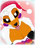  2020 absurd_res animatronic anthro border bow breasts canid canine christmas clevage clothing colored costume digital_media_(artwork) female firetails five_nights_at_freddy&#039;s five_nights_at_freddy&#039;s_world fox fur glistening glistening_body glowing glowing_eyes hat headgear headwear hi_res high-angle_view holidays lipstick lolbit_(fnaf) looking_at_viewer looking_up machine makeup mammal multicolored_body multicolored_fur orange_body orange_fur purple_lipstick robot santa_costume santa_hat shaded simple_background sister_location snow solo solo_focus tongue tongue_out video_games white_body white_fur 