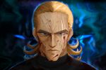 1boy aura black_shirt blonde_hair blood blood_on_face blue_eyes expressionless eyebrows hair_slicked_back highres king_(one-punch_man) long_hair looking_at_viewer male_focus one-punch_man scar scar_across_eye shirt thick_eyebrows upper_body yngh2445 zoom_layer 
