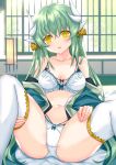 1girl bra breasts cameltoe collarbone commentary_request dragon_girl dragon_horns fate/grand_order fate_(series) green_hair green_kimono highres horns indoors japanese_clothes kimono kiyohime_(fate/grand_order) long_hair morizono_shiki multiple_horns navel open_clothes open_kimono panties partial_commentary sitting small_breasts solo thighhighs underwear white_bra white_legwear white_panties yellow_eyes 
