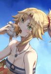  1girl bandeau bangs bare_shoulders blonde_hair blush breasts cleavage collarbone eating eyebrows_visible_through_hair fate/apocrypha fate_(series) food green_eyes hair_ornament hair_scrunchie hamburger highres holding holding_food jewelry looking_at_viewer medium_breasts mordred_(fate) mordred_(fate)_(all) necklace open_mouth red_scrunchie scrunchie short_hair sidelocks solo tonee upper_body 