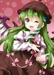  1girl bangs bird_wings brown_dress brown_headwear collared_shirt cosplay dotted_background dress eyebrows_visible_through_hair feathered_wings frog_hair_ornament gradient gradient_background green_eyes green_hair hair_ornament highres juliet_sleeves kochiya_sanae long_hair long_sleeves looking_at_viewer mystia_lorelei mystia_lorelei_(cosplay) one_eye_closed open_mouth pink_background puffy_sleeves ruu_(tksymkw) shirt smile snake_hair_ornament solo touhou white_feathers white_shirt white_wings winged_hat wings 