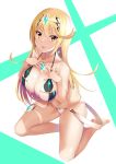  1girl :p barefoot bikini blonde_hair breasts chest_jewel collarbone daive duplicate earrings eyebrows_visible_through_hair full_body gem headpiece highres jewelry kneeling large_breasts leg_garter long_hair looking_at_viewer mythra_(xenoblade) solo swimsuit tongue tongue_out white_bikini xenoblade_chronicles_(series) xenoblade_chronicles_2 yellow_eyes 
