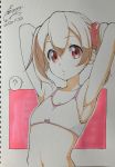  ? absurdres armpits arms_up bra brown_hair cototiworld dated eyebrows_visible_through_hair flat_chest hair_between_eyes hair_ornament highres looking_at_viewer navel red_eyes scan short_hair signature silica spoken_question_mark sword_art_online traditional_media twintails underwear upper_body white_bra 