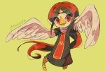  1girl artist_name beak black_dress brown_hair closed_mouth commentary_request dress feathered_wings floating_hair full_body green_background headband long_hair medli multicolored_hair pointy_ears ponytail red_eyes red_hair short_sleeves simple_background solo the_legend_of_zelda tokuura watermark wings 