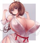  1girl arms_up bouncing_breasts breasts brown_eyes brown_hair cleavage commentary_request dead_or_alive grey_background highres huge_breasts kasumi_(doa) long_hair looking_at_viewer parted_lips ponytail solo yuuki_shuri 