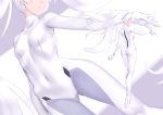  1girl ass ass_visible_through_thighs bodysuit breasts character_request collarbone commentary_request covered_navel full_body gloves highres jilu long_hair multiple_views outstretched_arm parted_lips ponytail punishing:_gray_raven silver_hair skin_tight small_breasts two-tone_background very_long_hair white_bodysuit white_gloves 