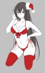  1girl alternate_costume bangs bikini breasts cleavage grey_background hair_between_eyes hand_on_hip hat highleg highleg_bikini kantai_collection kasumi_(skchkko) kneeling large_breasts long_hair nagato_(kantai_collection) pom_pom_(clothes) red_bikini red_eyes red_legwear santa_bikini santa_hat simple_background solo swimsuit thighhighs tilted_headwear 