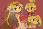  artist_name bangs belt blonde_hair blue_eyes blush closed_mouth commentary_request eyebrows_visible_through_hair eyelashes gender_request gloves hair_ornament multiple_views pink_skirt princess_zelda red_background shiny shiny_hair sidelocks skirt smile tetra the_legend_of_zelda the_legend_of_zelda:_the_wind_waker tiara tokuura vest watermark 