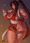  1girl bare_shoulders breasts brown_hair cleavage closed_mouth dress fan fatal_fury fingernails folding_fan gradient gradient_background groin hand_on_hip high_ponytail highres holding holding_fan large_breasts lips long_hair nail_polish ninja no_bra outstretched_arm pelvic_curtain pink_lips ponytail red_dress red_eyes red_nails rope sash shimenawa shiranui_mai sideboob smile solo the_king_of_fighters thighs ueno_petarou v-shaped_eyebrows very_long_hair 
