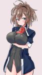  1girl absurdres ascot blue_eyes blush breasts brown_hair buttons closed_mouth contrapposto eyebrows_visible_through_hair flower grey_background groin hair_between_eyes highres kantai_collection komb long_hair long_sleeves medium_breasts military military_uniform navel no_panties pleated_skirt red_flower red_neckwear red_rose rose sheffield_(kantai_collection) simple_background skirt solo standing uniform white_skirt 