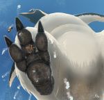  2018 ambiguous_gender avian bird bird_feet black_body black_feet black_scales black_talons blue_sky crush destruction emperor_penguin feathers featureless_crotch feral hi_res looking_at_viewer looking_down low-angle_view macro magpi penguin scales sky solo white_body white_feathers worm&#039;s-eye_view 