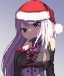  1girl absurdres bangs bow breasts corset dayshiart english_commentary grey_hair hat highres holding holding_clothes holding_scarf indie_virtual_youtuber jowol light_blush long_hair looking_down medium_breasts parted_lips red_bow red_eyes santa_hat scarf smile solo virtual_youtuber 