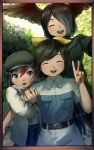 3girls :d ^_^ absurdres arctic_tern_(kemono_friends) arm_hug belt black_gloves black_hair black_wings blue_eyes breast_pocket captain_(kemono_friends) closed_eyes commentary_request eyebrows_visible_through_hair facing_viewer frame gloves hair_over_one_eye hair_ribbon hat head_wings highres jungle_crow_(kemono_friends) kemono_friends long_sleeves looking_at_viewer multicolored_hair multiple_girls nature open_mouth outdoors pocket red_hair ribbon short_hair short_sleeves signature smile spread_wings two-tone_hair upper_teeth v welt_(kinsei_koutenkyoku) wings yellow_ribbon 