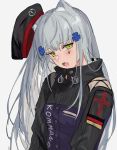  1girl animal_ears aogisa bangs beret blue_hair blush cat_ears eyebrows_visible_through_hair german_flag girls_frontline green_eyes hat highres hk416_(girls_frontline) long_hair looking_at_viewer open_mouth solo uniform white_background 
