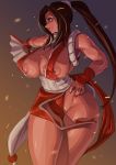  1girl areola_slip areolae bare_shoulders breasts brown_hair cleavage closed_mouth covered_nipples dress fan fatal_fury fingernails folding_fan gradient gradient_background groin hand_on_hip high_ponytail highres holding holding_fan large_breasts lips long_hair nail_polish ninja no_bra outstretched_arm pelvic_curtain pink_lips ponytail red_dress red_eyes red_nails rope sash shimenawa shiranui_mai sideboob smile solo the_king_of_fighters thighs ueno_petarou v-shaped_eyebrows very_long_hair 