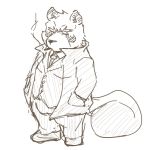  2020 anthro bottomwear canid canine clothing kemono low_res male mammal necktie ojijinotete pants raccoon_dog shirt simple_background sketch slightly_chubby solo tanuki topwear white_background 