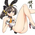  1girl adapted_costume ahoge akizuki_(kantai_collection) animal_ears bare_legs black_hair bow bowtie bunny_ears bunny_tail character_name commentary_request detached_collar fake_animal_ears grey_eyes high_heels kantai_collection leotard looking_at_viewer neckerchief playboy_bunny ponytail silver_footwear simple_background smile solo strapless strapless_leotard tail two-tone_gloves uzuki_kosuke white_background white_leotard wrist_cuffs yellow_neckwear 
