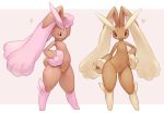  &lt;3 ambiguous_gender anthro erumeruta hand_on_hip hi_res lopunny nintendo pok&eacute;mon pok&eacute;mon_(species) shiny_pok&eacute;mon simple_background smile sparkles thick_thighs video_games wide_hips 