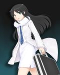  1girl alternate_costume bags_under_eyes bangs belt black_hair blue_neckwear briefcase coat commentary_request cowboy_shot eyebrows_visible_through_hair floating_hair formal fur_trim gradient gradient_background green_eyes highres holding holding_briefcase kuroki_tomoko long_hair long_sleeves looking_at_viewer mohya necktie open_clothes open_coat open_mouth pencil_skirt shirt shirt_tucked_in skirt solo standing striped striped_neckwear watashi_ga_motenai_no_wa_dou_kangaetemo_omaera_ga_warui! white_coat white_shirt white_skirt 