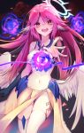  1girl angel_wings breasts commentary_request crop_top cross eyebrows_visible_through_hair feathered_wings gloves gradient_hair halo highres jibril_(no_game_no_life) large_breasts long_hair looking_at_viewer low_wings magic magic_circle midriff multicolored_hair navel no_game_no_life open_mouth pink_hair round_teeth solo symbol-shaped_pupils tattoo teeth thighhighs very_long_hair white_wings wing_ears wings yellow_eyes yunweishukuang 