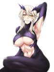  1girl arm_behind_head arm_up armpits artoria_pendragon_(all) artoria_pendragon_(lancer_alter) bangs black_bodysuit blonde_hair blush bodysuit braid breasts center_opening fate/grand_order fate_(series) french_braid hair_between_eyes highres horns large_breasts long_hair looking_at_viewer navel purupurupero revealing_clothes ribbed_bodysuit sidelocks simple_background smile thighs underboob white_background yellow_eyes 