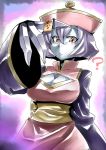  1girl ? blue_skin blush_stickers breasts chinese_clothes claws cleavage cleavage_cutout closed_mouth clothing_cutout flipped_hair hat jiangshi lei_lei looking_at_viewer purple_hair short_hair solo tukiwani vampire_(game) 