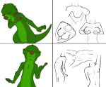  2020 4_fingers ambiguous_gender anthro breasts claws drake_(musician) eyes_closed fingers flat_chested fur green_body green_fur lutrine mammal meme misterpickleman mustelid pawpads simple_background sketch white_background 