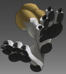  2020 4_toes ambiguous_gender anthro black_claws black_pawpads canid canine claws deviantchump digimon digimon_(species) feet foot_focus foot_shot fox fur gradient_background grey_background hindpaw low-angle_view mammal pawpads paws renamon simple_background solo stockings_(marking) toes yellow_body yellow_fur 