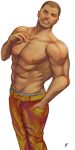  1boy abs bara belt clenched_teeth collarbone commentary dark_skin dark_skinned_male facial_hair fingernails green_eyes hand_in_pocket hand_up head_back highres looking_at_viewer male_focus muscle nipples one_eye_closed orange_pants pants pectorals peony_(pokemon) pokemon pokemon_(game) pokemon_swsh shirtless short_hair signature simple_background solo teeth toned toned_male very_short_hair waiwai_mura white_background 